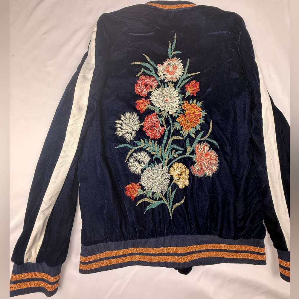 Zara Navy Soft Velvet Zipper Jacket with Embroidered Floral